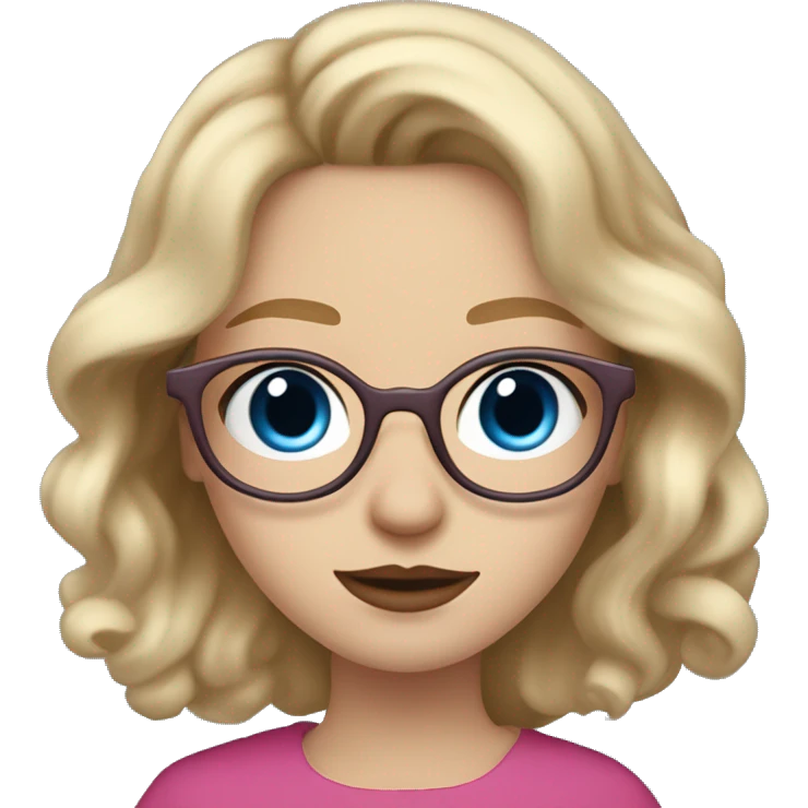 young woman with pale skin, blushed cheeks, big BLUE eyes, brown round glasses, thin lips, long wild blond wavy hair. The yes are blue and lips are dark pink emoji