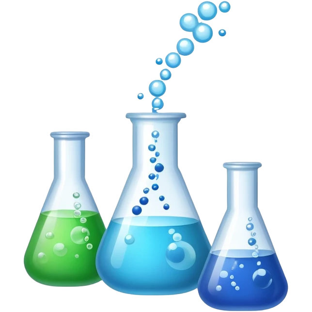An icon featuring laboratory flasks with tubes, symbolizing chemistry. The design includes liquid and powder substances, a chemical reaction with bubbles, and molecular formulas, representing chemical processes like hydrolysis. Transparent background emoji