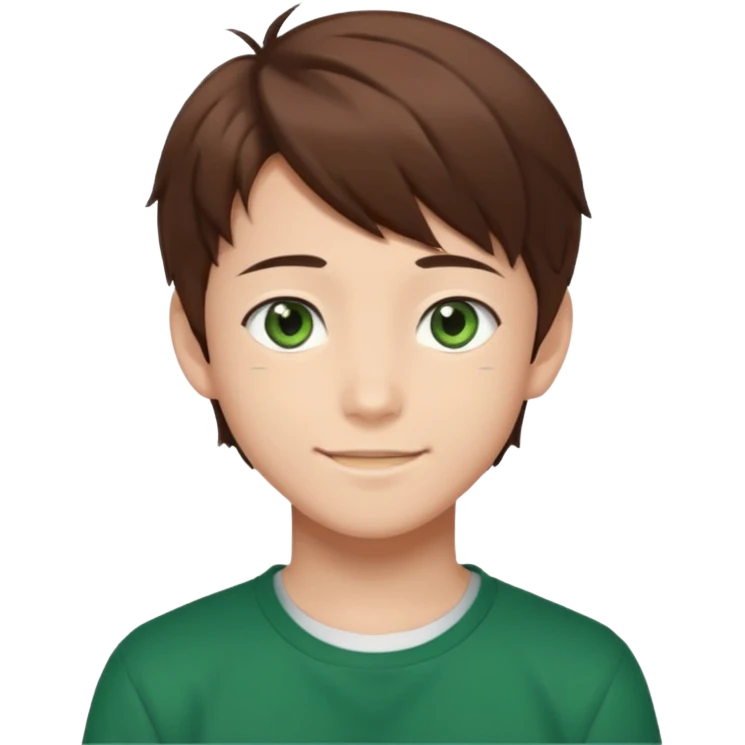 the face of an Anime asian style teen boy with brown hair, green eyes, looking smiling slightly sideways positioned. Face must be main filling of the frame.  128px emoji