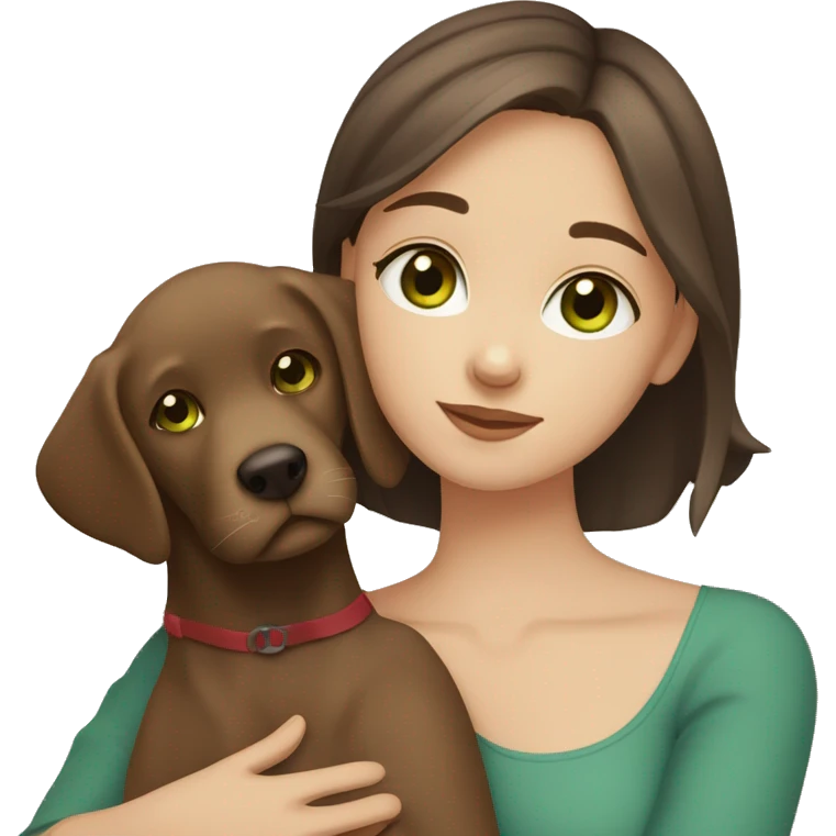 medium brown haired girl with browny green eyes hugging a brown and white girl Labrador  emoji