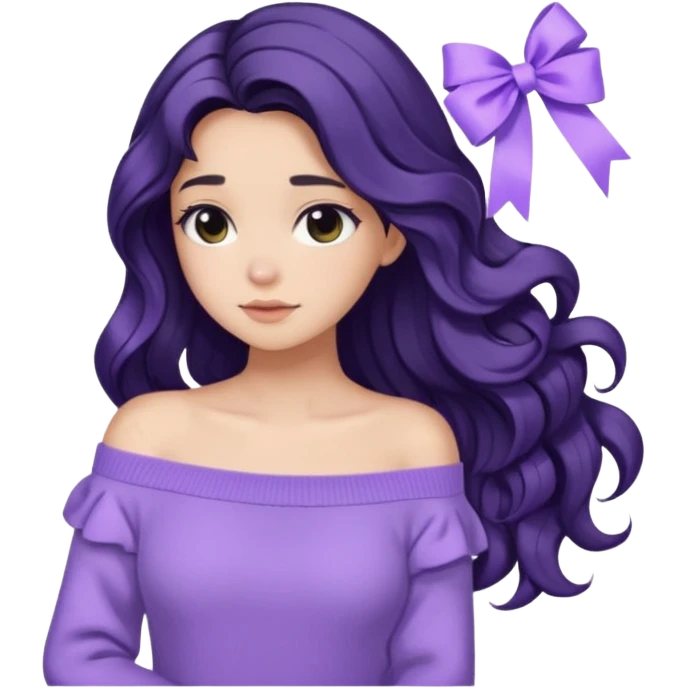Girl with black wavy long hair and a ribbon hair clip beside it make it look like wearing a lavender off shoulder sweater make its hair stay in the back emoji