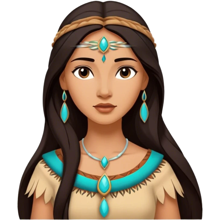Cinematic Elegant Pocahontas Portrait Emoji, rendered in a realistic, vector-style with minimal shading and bold, simplified shapes. Depict Pocahontas (chest and above) with warm, sun-kissed skin, long, flowing dark hair, and gentle, wise eyes, wearing traditional attire in earthy tones with hints of turquoise. The image glows with a soft, natural radiance and high shine, embodying timeless indigenous beauty. emoji