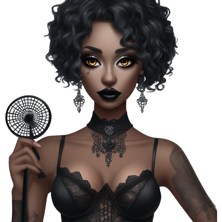 Hyper Realistic Goth victoria secret model holding a Goth style handheld fan emoji