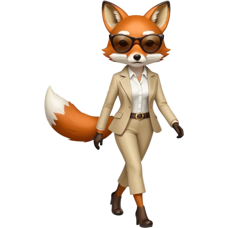 serious anthropomorphised female fox in stylish outfit with sunglasses, walking with confidence, full-body emoji