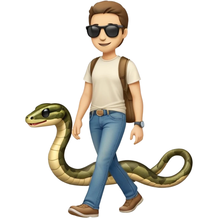 friendly anthropomorphised snake in jeans, t-shirt, dark sunglasses, walking with a smile emoji