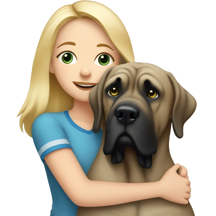 Blonde girl with blue eyes hugging a striped color english mastiff dog emoji