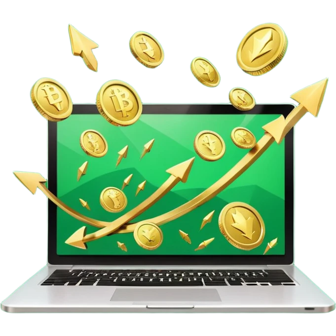 3D laptop icon with gold coins flying out of screen, green color (#0B3D2C), gold accents (#C9B037), upward arrows, glossy modern style, transparent background emoji