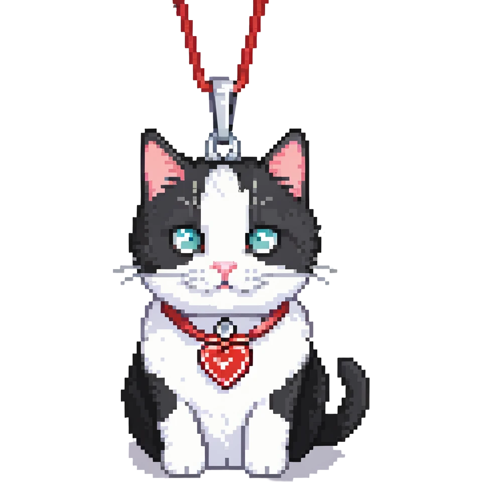 tuxedo cat with red leash and heart pendant, white fur only on mouth, small diamond spot above nose emoji