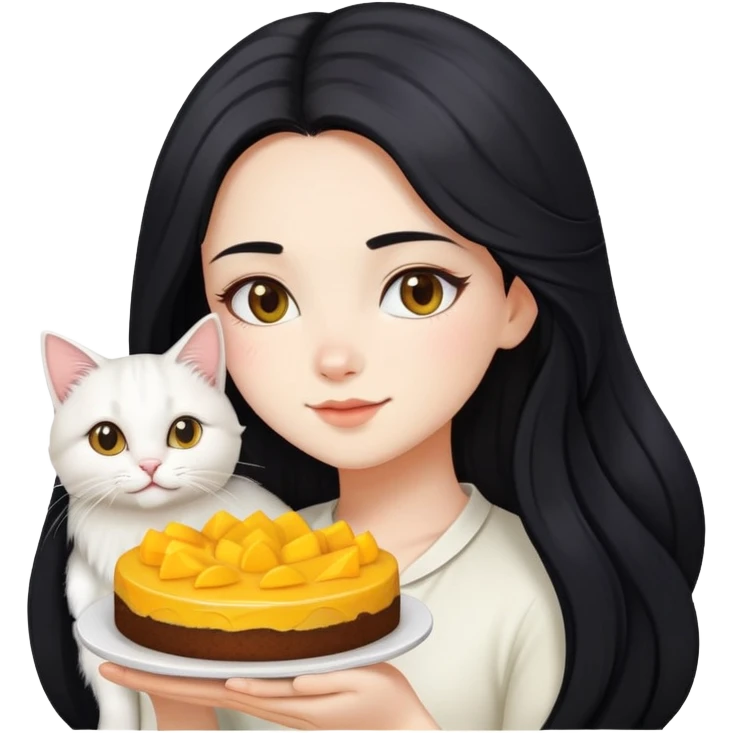 A beautiful girl with long black hair holding a mango cake and a white long-haired cat emoji