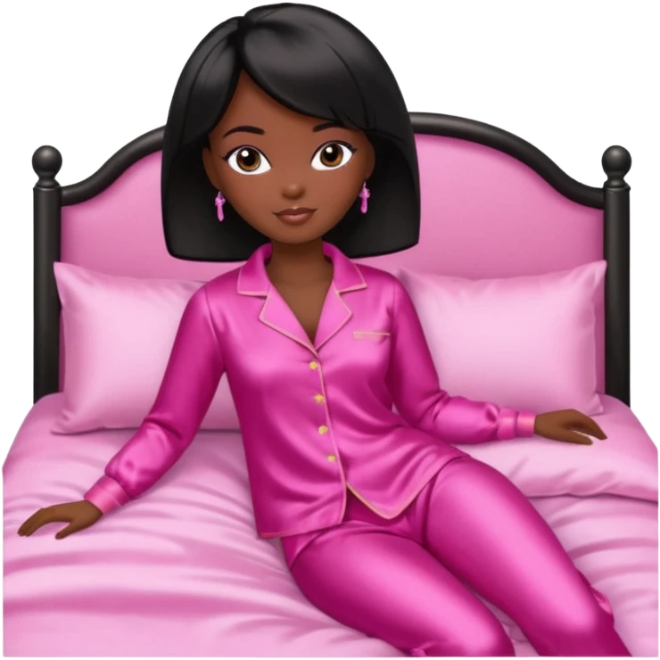 Dark skin Black barbie, short  black bob  hair, pink pajamas in bed  emoji