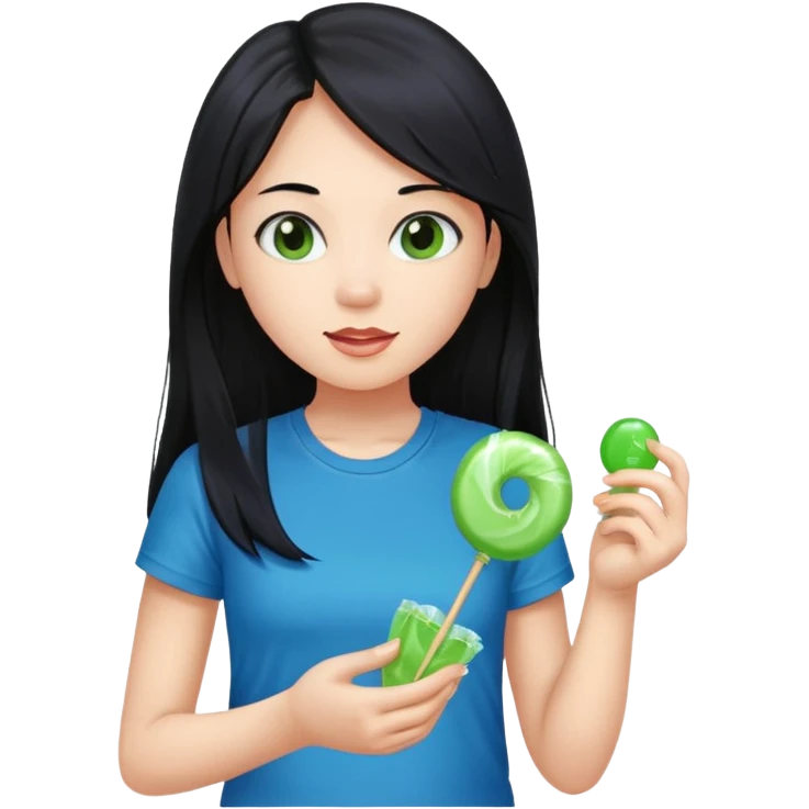 A girl with long black hair wearing a blue t-shirt holding a piece of green hard candy in one hand and a green candy wrapper showing a guava on it in the other hand emoji