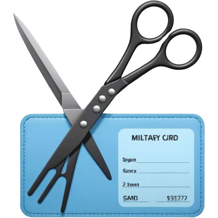 Floating black Scissors cutting a light blue military ID card in 2 parts .hyper realistic emoji