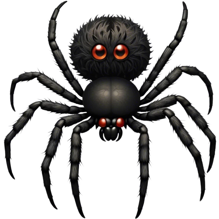 Large black fluffy spider with a big round abdomen and short hairy legs sitting on a branch. Detailed texture of the spider’s fur and body. Transparent background. emoji