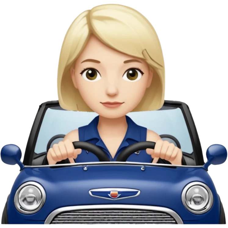 navy blue convertible Mini Cooper, with short, blonde colored haired woman driving - update woman to fair skinned emoji