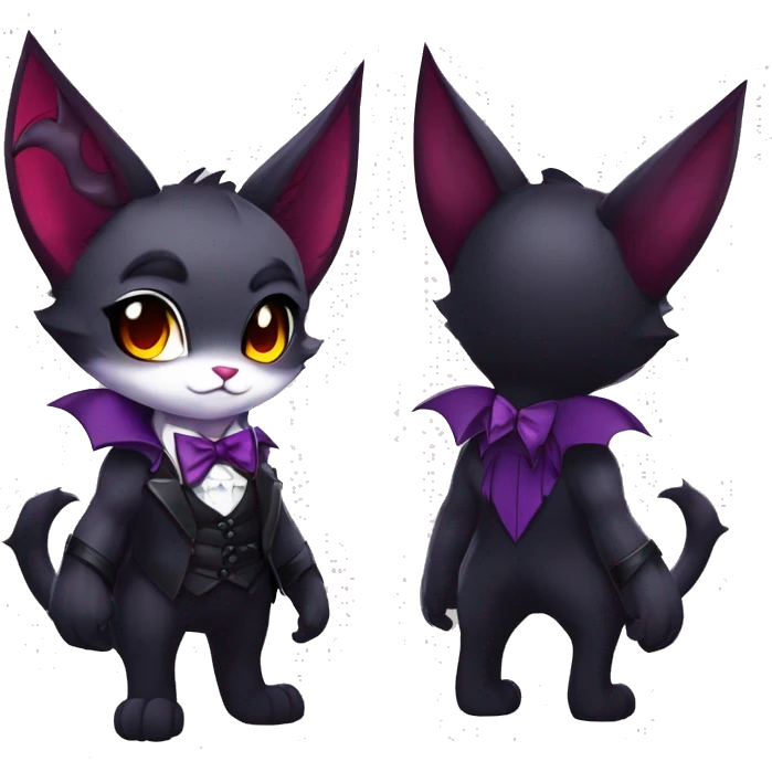 Anthro-Cute-Edgy-Vampiric-Batty-Cat-Black-Purple-Red-Grey-White-Yellow-Contrast-Colors-Fantasy-Fur-Sona-Chibi-Shiny-Fakémon-Hybrid with horns and big fangs collar bow ties leg spats full body emoji