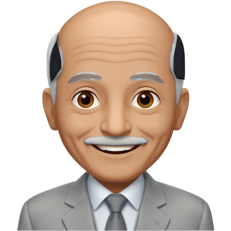70 yr old man, almost bald, some white hair, pakistani, light grey business suit, big smile, darker skin, no moustache
 emoji