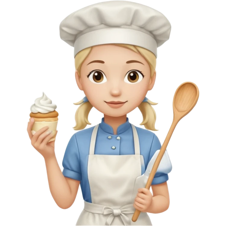 Young female pastry chef - single ponytail, apron, wearing a white hat, holding a cream piping bag emoji