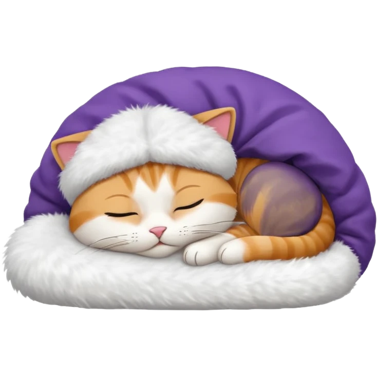 emoji of sleeping cat, its pose is lying, it has on his head FedEx delivery cap emoji