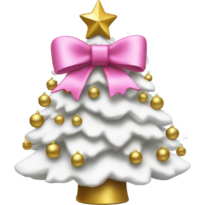 White Christmas tree with gold ornaments and a pink bow on top emoji