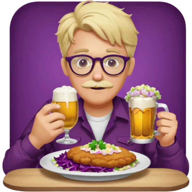 Man with wire framed glasses german eating schnitzel, red cabbage, sauerkraut, potato salad, and beer. Man is blonde and no mustache emoji