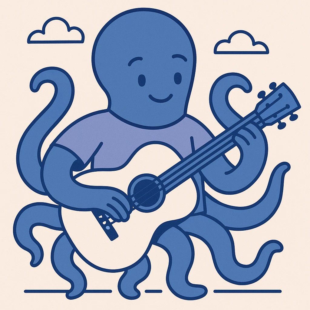 happy octopus with multiple arms playing guitar emoji
