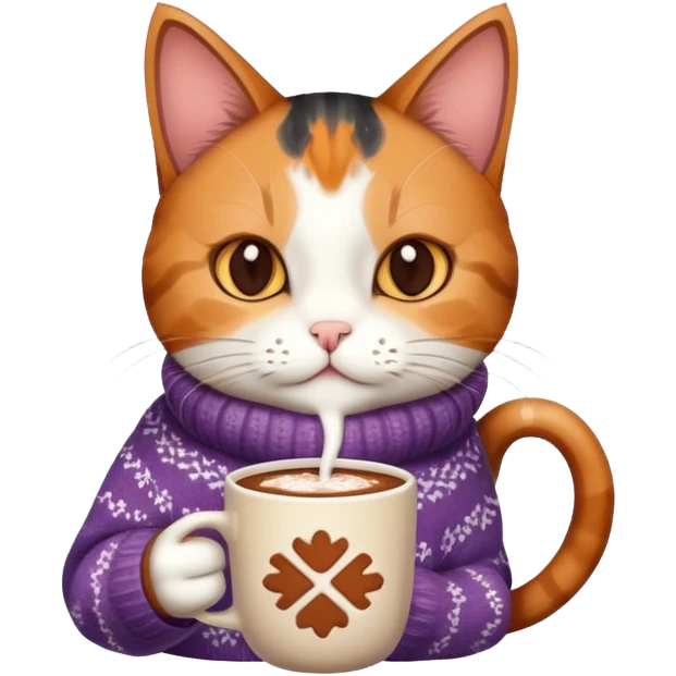 Cat￼ wearing a sweater with hot chocolate ￼ emoji