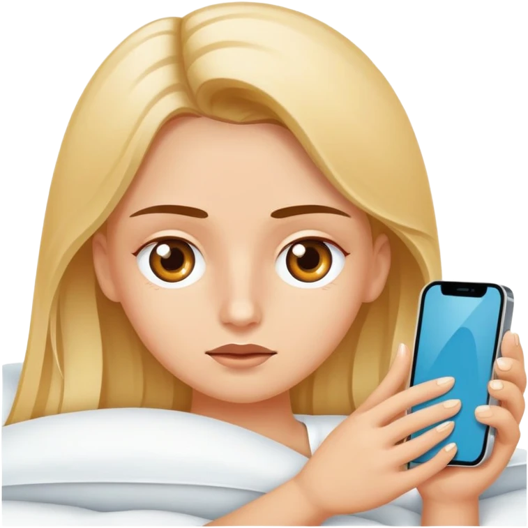 Haz una rubia de ojos marrones usando un iPhone 13 acostada en su cama  emoji