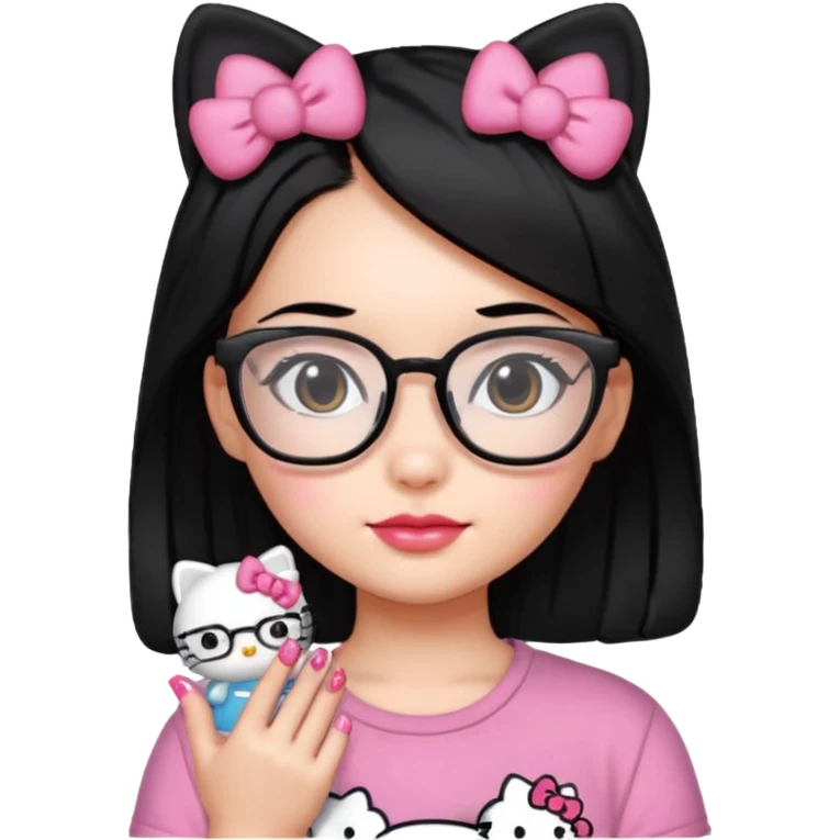 Nails cute hello kitty wear glasses black hair emoji