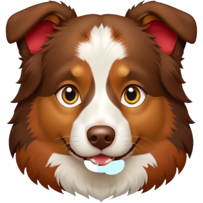 A tri color Australian shepherd with a chocolate brown base coat, red/gold fur on his eyebrows and snout/cheeks, a white chest, and gold eyes. No white fur on his face, only brown and gold. emoji