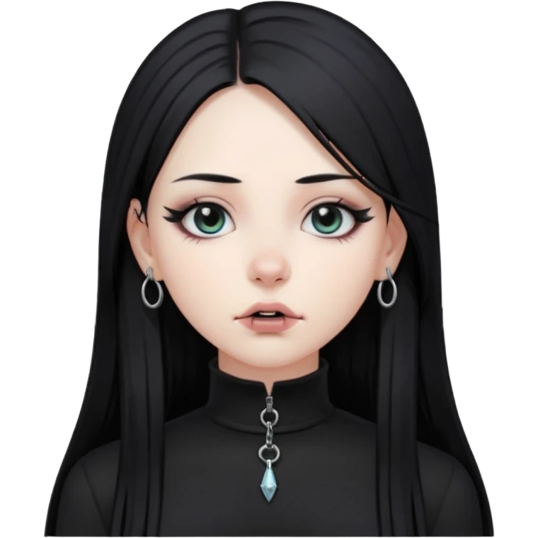 goth girl, straight long black hair, vertical labret lip piercing, black mock neck shirt emoji