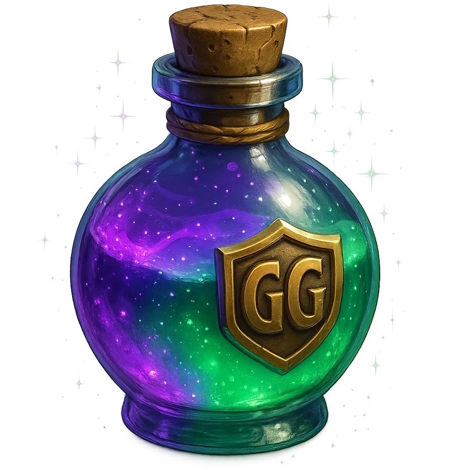 GG magic potion, bottle with purple and green gradient, sparkles, fantasy look, magical, detailed emoji