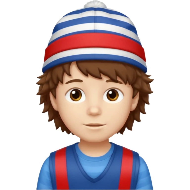 brown fluffy hair kid with blue and white hat dark blue jilet red t shirt emoji