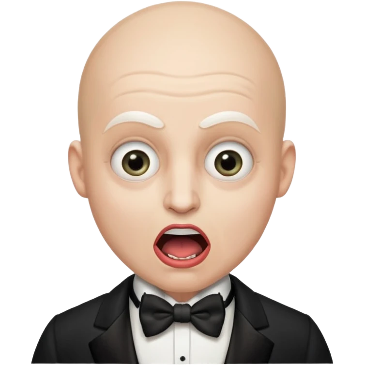 a bald cabaret actor with a white, dry, long, made-up face and heavily made-up eyes and mouth, a huge, wide-open mouth and a startled look emoji