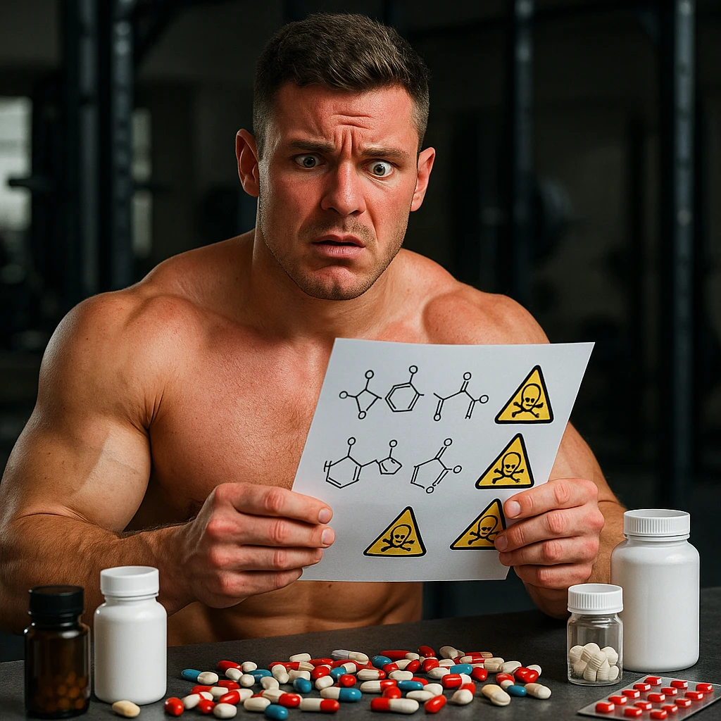 realistic muscular young man consulting molecule list with warning symbols, surrounded by pills and bottles, confused expression, red skin, gym background, 4K quality emoji