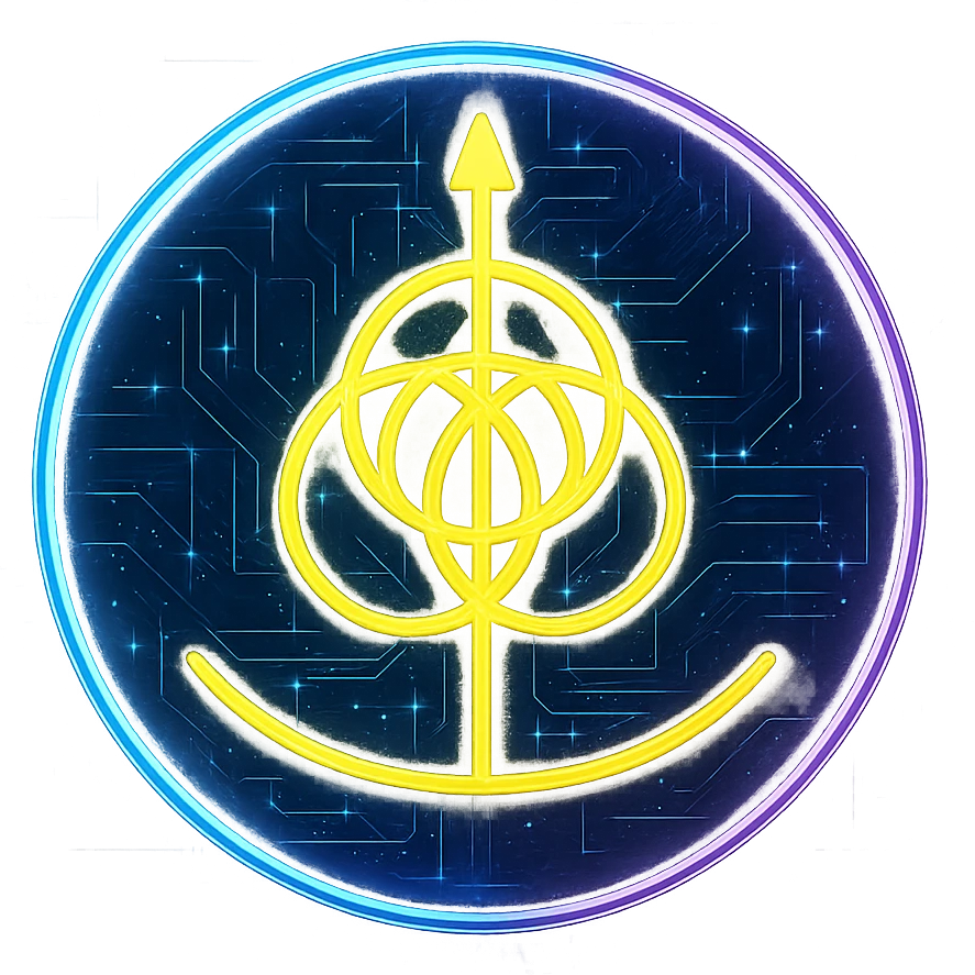 Re-imagine this specific icon in a cyberpunk, holographic style with glowing neon blue and pink edges, circuit patterns throughout the entire icon, and a transparent background. Maintain the recognizable circular shape and yellow geometric symbol, overlaying neon and circuit effects in the same futuristic, clean style as previous cyberpunk icons. The whole icon should have a consistent cyberpunk glow and intricate circuit details. emoji