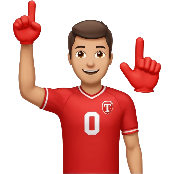 A cheerful man in a team jersey, waving a giant red foam finger high with an excited grin. emoji