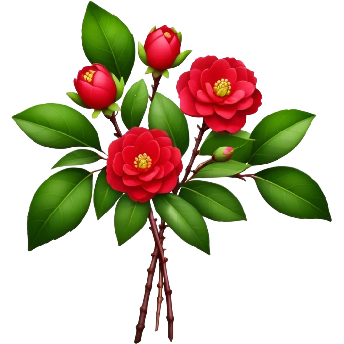 bouquet Red Camellia, luxuriant, stem, leaf, bud emoji