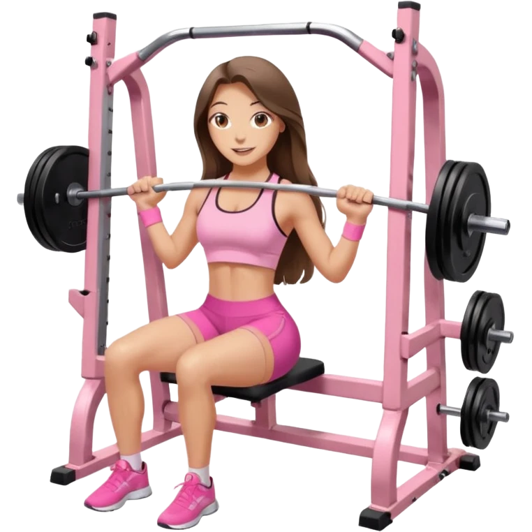 happy pretty white brunette teen long hair with hazel eyes in light pink workout clothes doing a smith machine hip thrust emoji