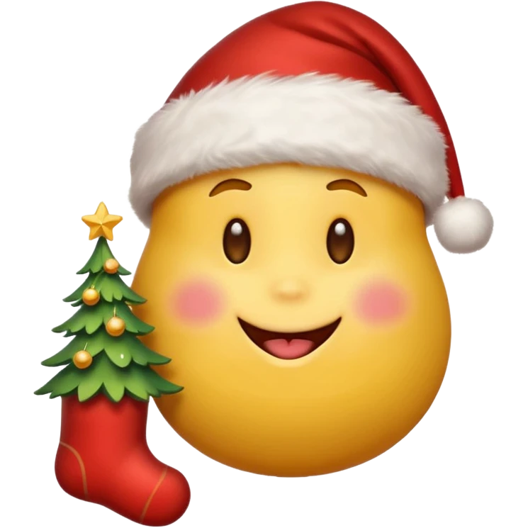 D cute yellow emoji face wearing a Santa hat, with a happy soft expression. Replace the hearts with festive Christmas elements: a Christmas tree, stocking, snowflake, and other holiday icons. emoji