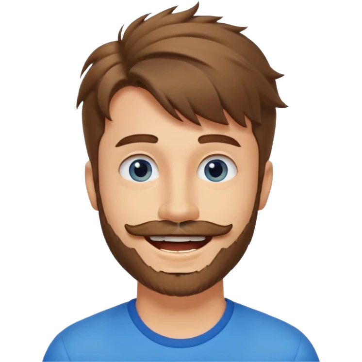 25 year old man, short scruffy beard and sparse moustache, brown puffy mullet, blue eyes, big smile, white teeth, big lips, pronounced jaw, hair longer in back, sticking up on top emoji