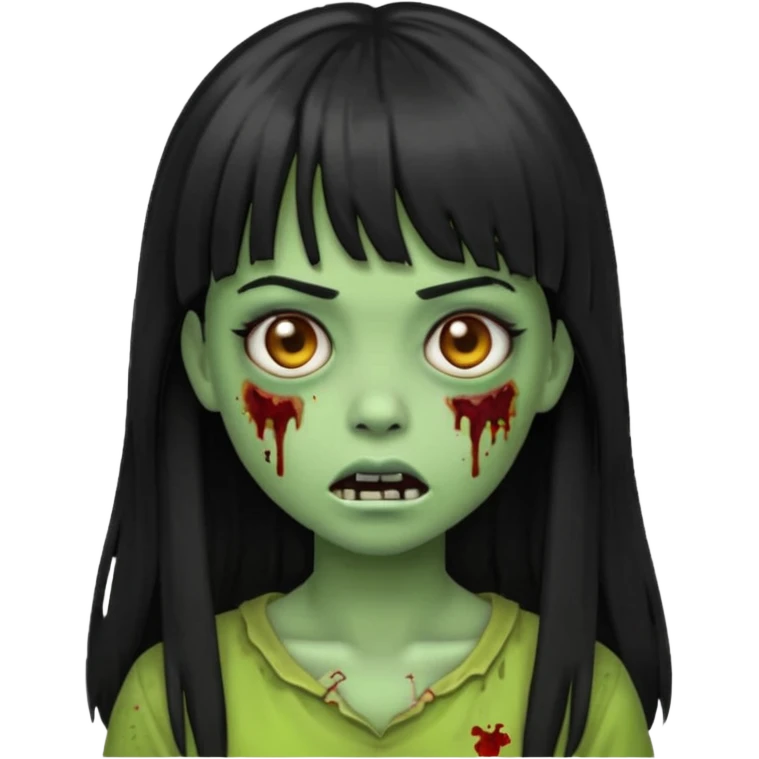 Zombie emoji girl, light green skin, black long hair with bangs emoji