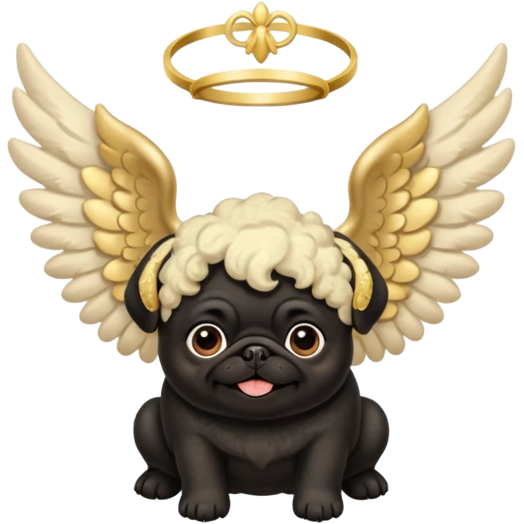 Black pug with big fluffy cream colored angel wings with gold dust on them emoji