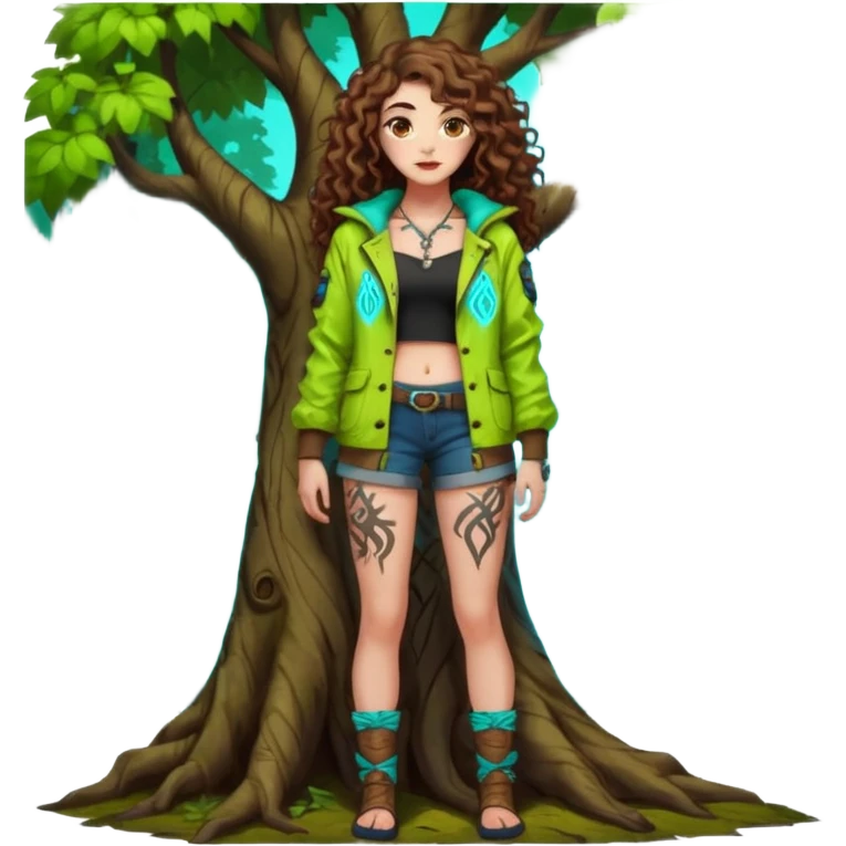 full body view of a woman with long curly brown hair, brown eyes, white skin, tattoos, leaning against a tree covered in neon runes, open forest jacket, flirty confident stance emoji