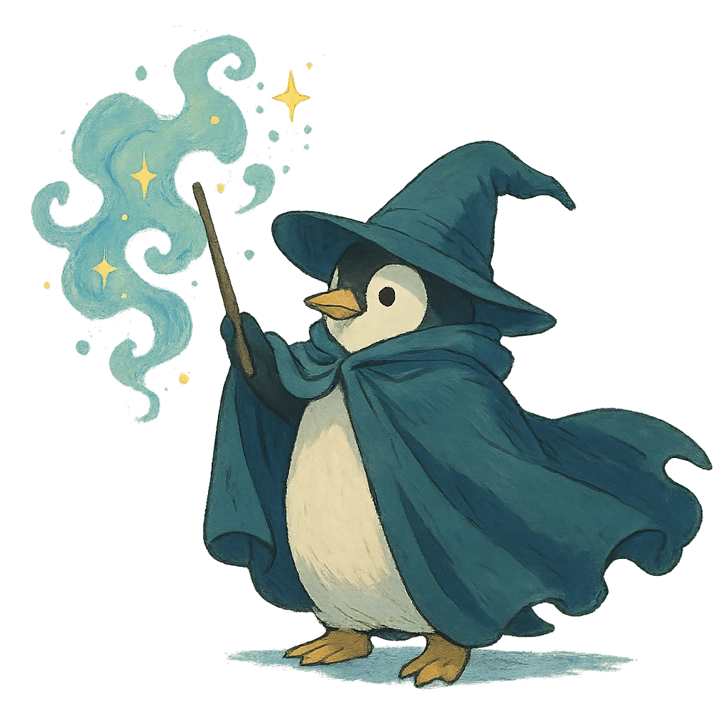 penguin wizard with a flowing cloak and magical aura emoji