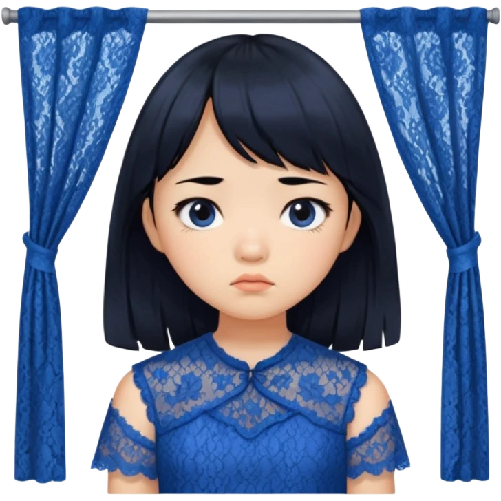 Long hair asian girl with curtain bangs with a blue lace top on with sad expression emoji