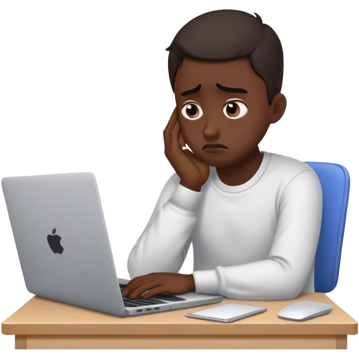 Create an emoji of a tired, frustrated entrepreneur sitting at a laptop. The character has dark circles under their eyes, looks exhausted, and has a disappointed or stressed expression. Their posture is slouched, and they seem stuck or overwhelmed, representing someone struggling to grow their business. Keep the design simple and expressive. emoji