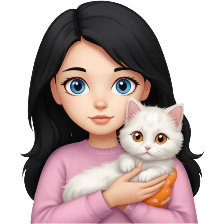 Girl with mid long black hair in soft pink sweater holding A 2-month-old Persian-Angora mix kitten with blue eyes and mostly orange fur with white patches cat emoji