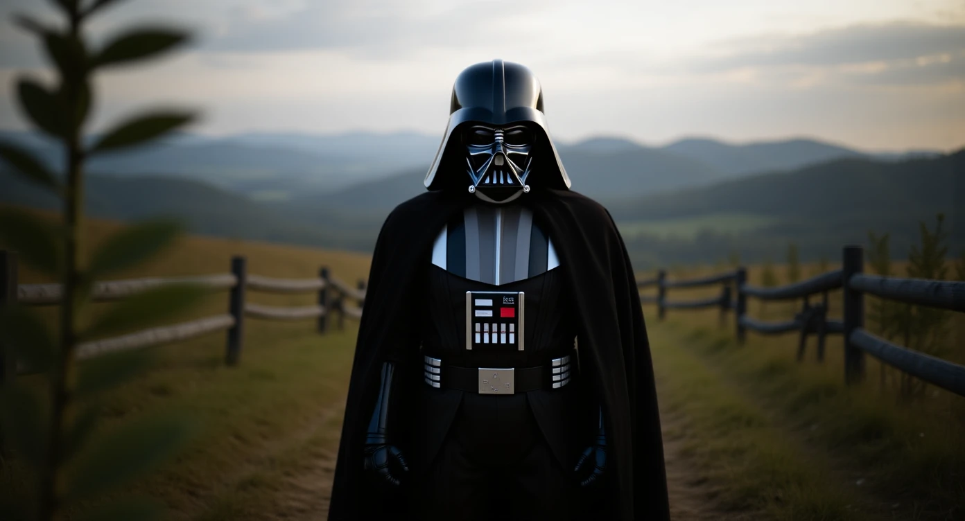 A portrait of a Darth vader in the foreground, blurred plants in the foreground (close to the camera), a wooden fence in the midground, rolling hills in the background, cinematic depth of field, layered composition, natural lighting emoji