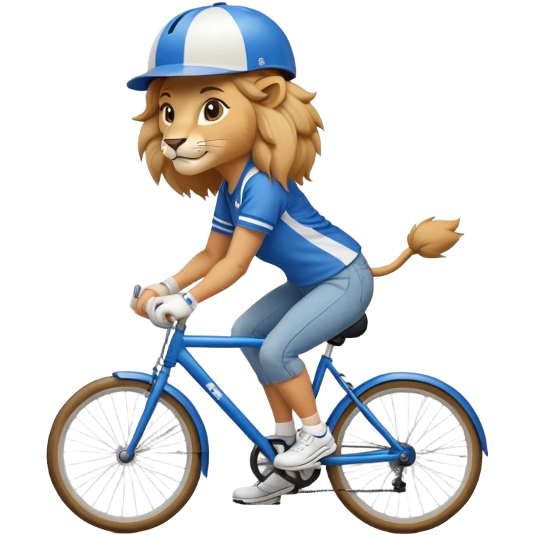 friendly anthropomorphised female lion wearing a baseball shirt, jeans, trainers, and a cycling helmet, cycling a bike emoji