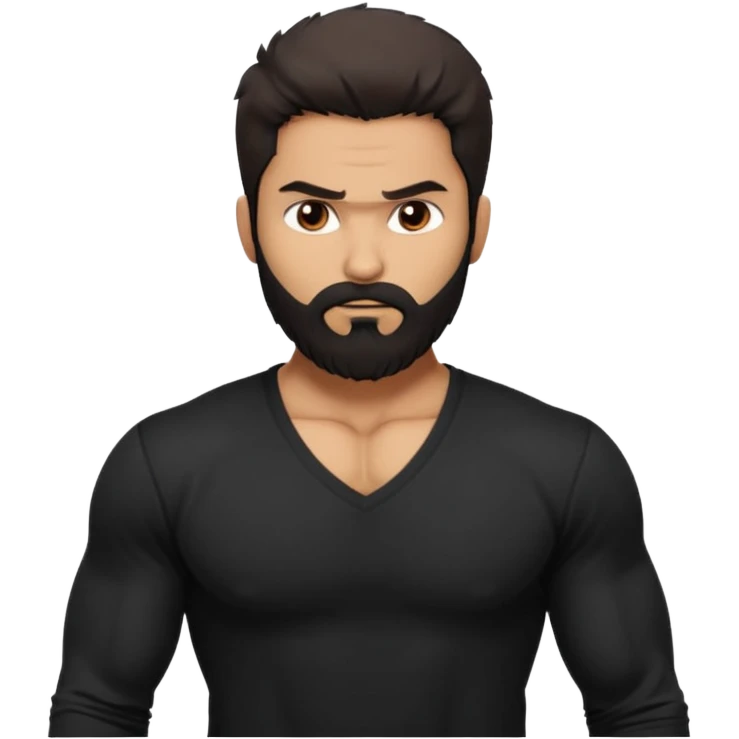 generate a pretty bratz Shahid kapoor with heavy beard and looking angry.
Make him wear a black full sleeve v neck tshirt. muscular but still lean
He shoudl look like shahid kapoor emoji